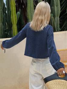 Livesso Women's Summer Tie Lantern Sleeve Denim Blouse