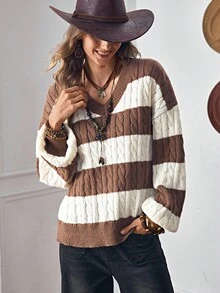 LanaWest 女式撞色V领长袖针织套头衫