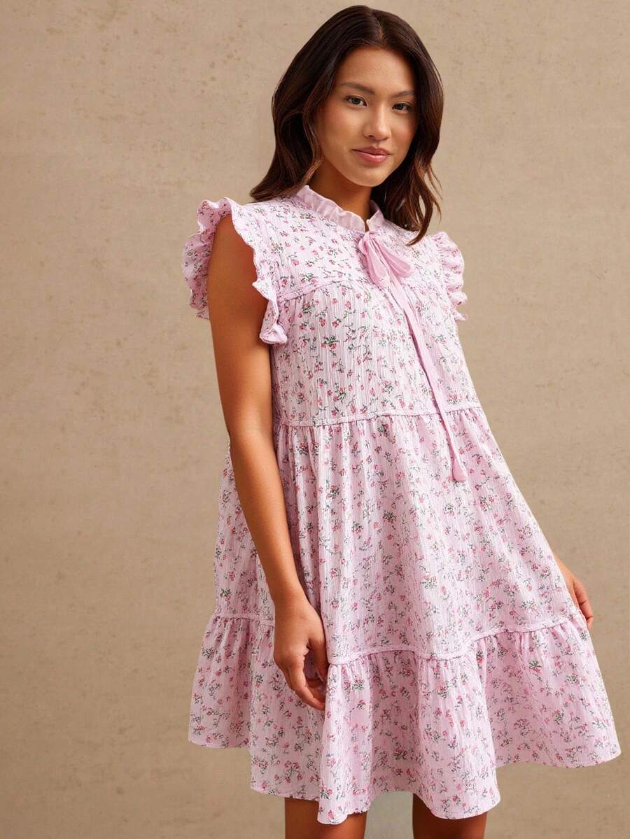 WESTFADE 碎花印花荷叶边立领蝴蝶结前蕾丝无袖迷你连衣裙 女式西部风