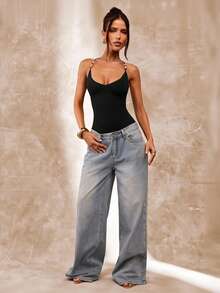 SHEIN BAE 棕色串珠细肩带女式紧身衣，夏季紧身性感复古吊带紧身衣，海滩度假吊带背心，串珠吊带背心 - 黑色 - 查看 4