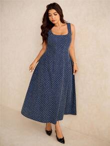 Elaquor 大码女式方领无袖优雅牛仔中长连衣裙，适合通勤