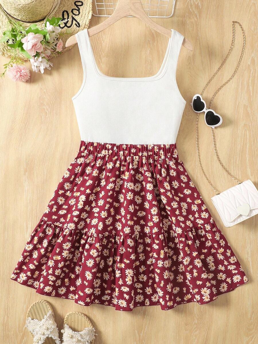 SHEIN 少女红色碎花针织拼布A字休闲度假连衣裙 - 紅色 - 查看 1