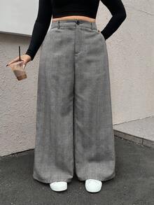 Muchica Plus Size Women Houndstooth Pattern Loose Straight Leg Casual/Office Pants Plaid Pants High Waisted Pants Gray Plaid Pants Wide Leg Pants In Fall/Winter Gray Pants