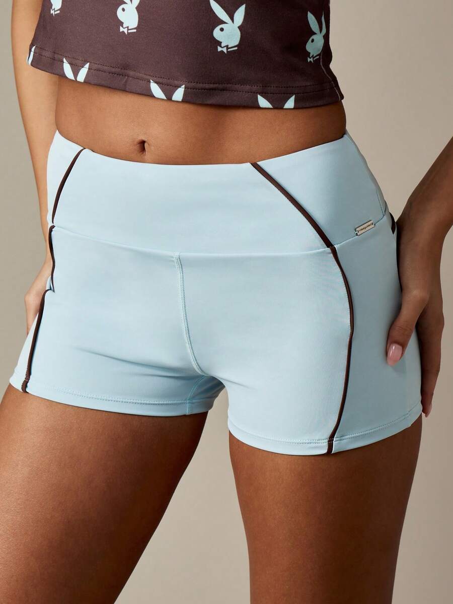 Missguided x Playboy 轻盈修身运动骑行短裤高腰无缝跑步健身高性能短裤，带撞色滚边，适合女式运动夏季 - 藍色 - 查看 1