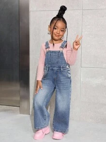 SHEIN Young Girl' Y2K Loose Fit Blue Denim Overalls,Fall Kid's  Casual And Comfortable  Wear,Winter Clothes,Street Wear - Light Wash - View 4
