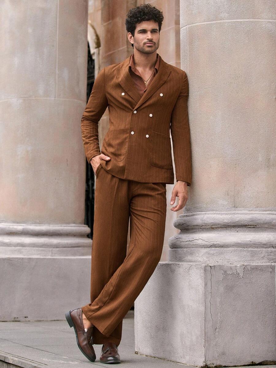 Manfinity BRENVOR Bộ vest nam 2 hàng khuy thường ngày, phong cách Old Money - màu nâu - Xem 1