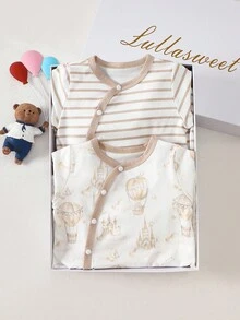 SHEIN 2 Pieces Set Of Cartoon Printed Long Sleeved Jumpsuit For Newborns And Boys, With Comfortable And Simple Fabric Suitable For Home Gifting Fall Winter