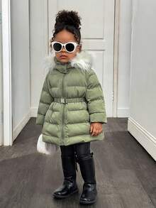 女婴可爱多功能保暖连帽羽绒服，秋冬季系带外套，女婴外套，女婴夹克，女婴毛边连帽外套，冬季外套 - 綠色 - 查看 3