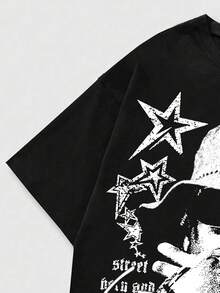 ROMWE MEN Grunge Punk Men's Printed Short Sleeve T-Shirt, Suitable For Spring/Summer Everyday Wear, 2000s Style - Black - View 3