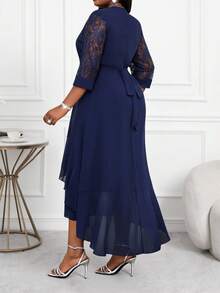 SHEIN Lady Plus Size Women Business Professional Blue Hollow Sleeve Lace Stitching Ruffle Layered Midi Dress Teacher Clothes Teacher Dress Fall Dresses Lace Dresses