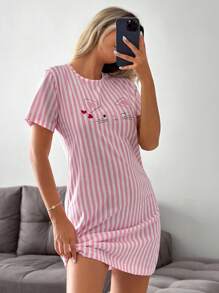 SHEIN Women Striped With Round Neck Cute Cat Print Short Sleeved Pajama Night Dress Cute Nightgown Short Night Gown Nightdress Sleep Dress