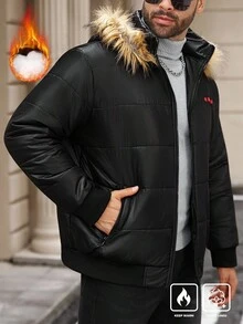 Manfinity Homme 大码男式长袖拉链领拼布毛茸茸休闲连帽冬季夹克 - 黑色 - 查看 5