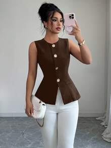Selianne Fashionable Sleeveless Waist Cinched Black Jacket With Gold Button Decor, Versatile For Daily Wear, Spring/Summer - Brown - View 3
