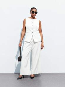 Maija 大码女式纯色单排扣无袖夹克和裤子休闲套装大码裤装大码白色裤装白色大码连体裤大码裤装套装大码秋冬夏季裤装