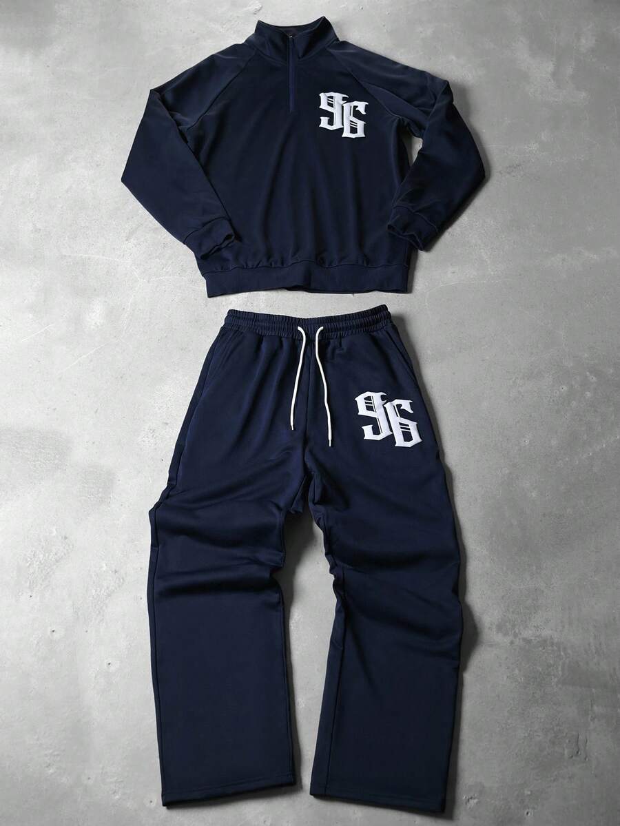 Manfinity Campus Court Aesthetic Post--Men's Numeric Print Hoodie And Pants Set - Blue - View 1