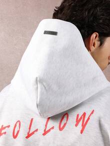SUMWON Crop Fit Urban Street Style Fleece Hoodie With Stylish Back Script Print Drawstring Hood Casual Everyday Wear Fall Winter Loungewear Minimal Design - Light Grey - View 8