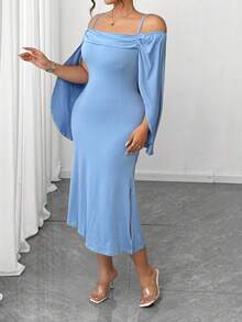 Elenzga Große Größen einfarbiges Off-Shoulder Rüschen-Saum figurbetontes Sommerkleid