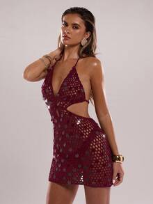 SHEIN BAE Vestido de punto con escote halter sin mangas y calado con decoración de lentejuelas para mujer