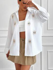 EURMUSE Eye Print Drop Shoulder Shirt - White - View 3