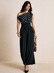 Poéselle 休闲时尚不对称领腰喇叭腿女式连体裤 - 黑與白 - 查看 5