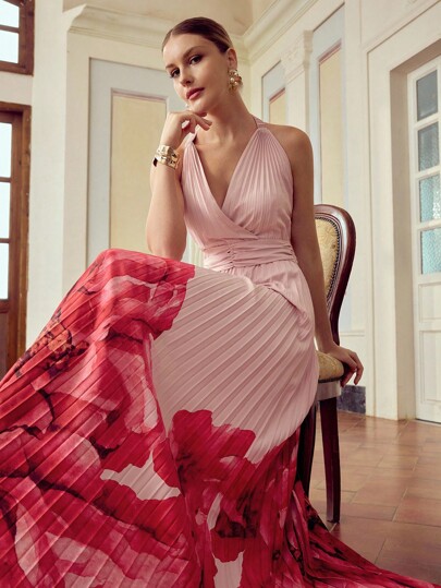 ZEYLAH Vestido elegante de mujer con estampado floral, cintura plisada y cuello halter