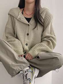 DAZY Áo khoác cardigan dáng rộng, có mũ trùm đầu, dây rút, màu trơn, thường ngày cho nữ, quần áo mùa thu - Màu Khaki - Xem 4