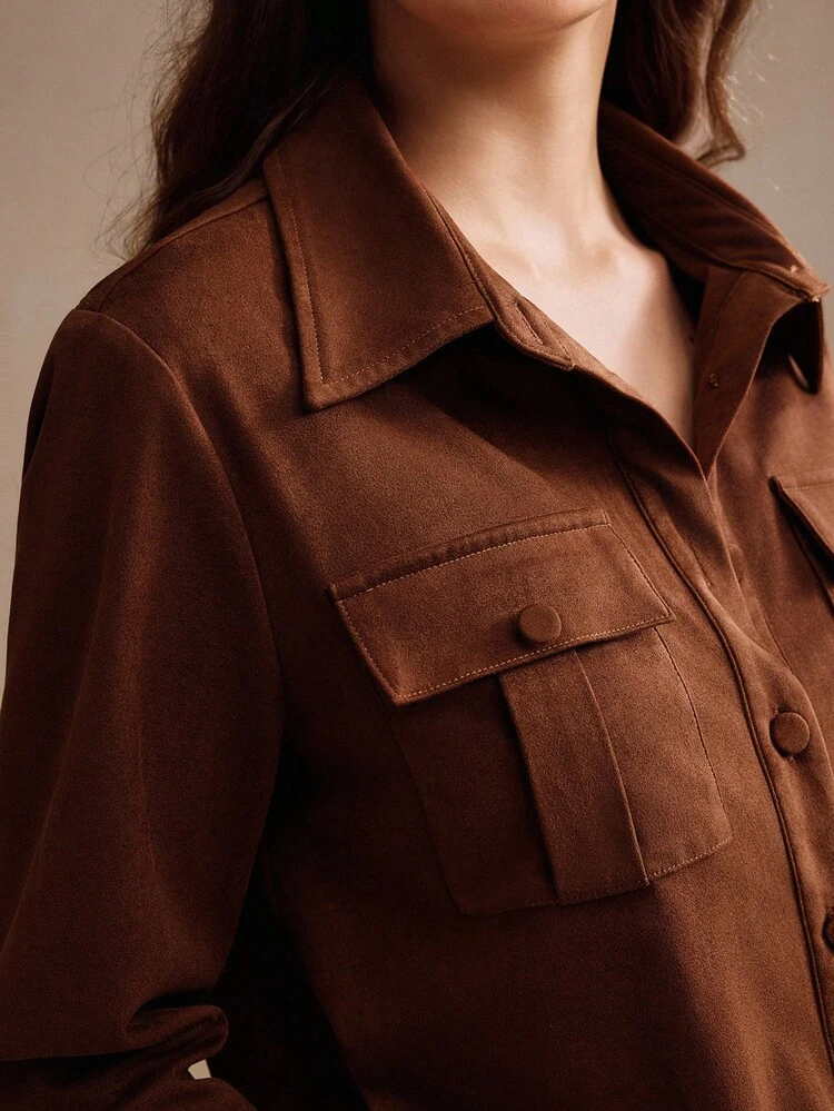 Chemise élégante à col et manches longues avec poche pour femmes, blouse marron brossé