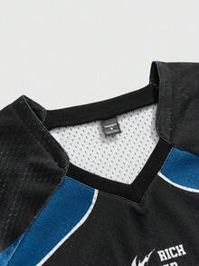 ROMWE MEN Prep Men's Contrast Color Patchwork Letter Print Retro Long Sleeve T-Shirt Jersey - Black - View 3