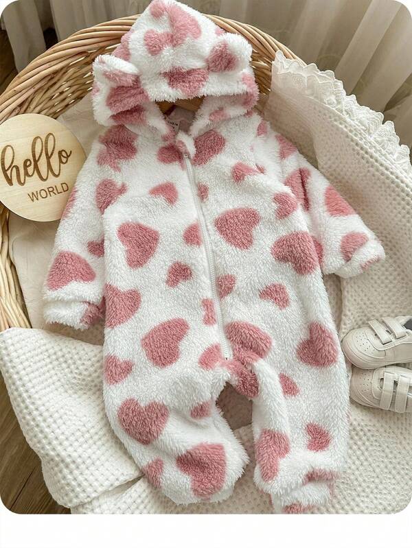 Newborn Baby Girl Lovely Fluffy Heart Printed Hooded Romper, Autumn/Winter