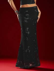 Hauture 优雅性感花卉提花撞色网眼鱼尾下摆半身裙 - 万圣节、夜间外出、派对 - 黑色 - 查看 2