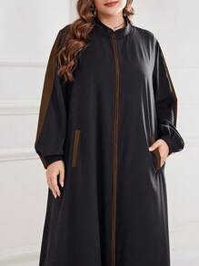 Al Najma 加大码撞色拼布长款阿拉伯风格休闲长袍，休闲适度运动长款运动衫风格前拉链闭合长袍阿拉伯风格连衣裙，适合日常休闲 - 棕色 - 查看 3