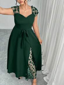 Elenzga Plus Size Summer Holiday Party Jacquard Mesh Decor Bodycon Dress - Green - View 3