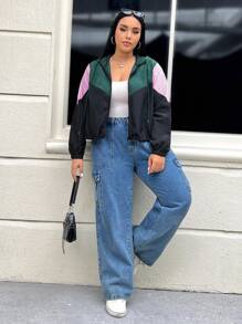 SHEIN EZwear Plus Size Women's Long Sleeve Zip Front Drawstring Contrast Color Woven Hooded Jacket Winter Fall Autumn - Multicolor - View 3