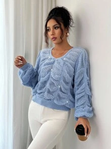 Selianne Women's Loose V-Neck Hollow Ruffled Rhinestone Design Versatile Casual Daily Party Pullover Sweater, Autumn/Winter Fall Cloth For Women - Blue - View 3