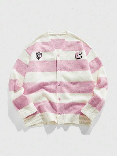 Street Life Cárdigan de punto casual de manga larga con cuello en V a rayas y abotonadura sencilla para hombre, otoño