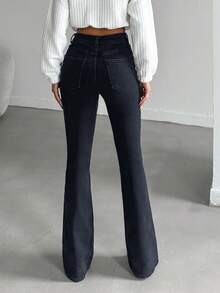 SHEIN Tall Pantalón vaquero negro de tiro alto y campana, 98% algodón, para personas de estatura alta - Negro - Ver 2