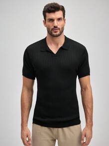 Officeau Polo de punto de manga corta con cuello casual y sólido para hombre, Old Money de primavera a verano - Negro - Ver 1