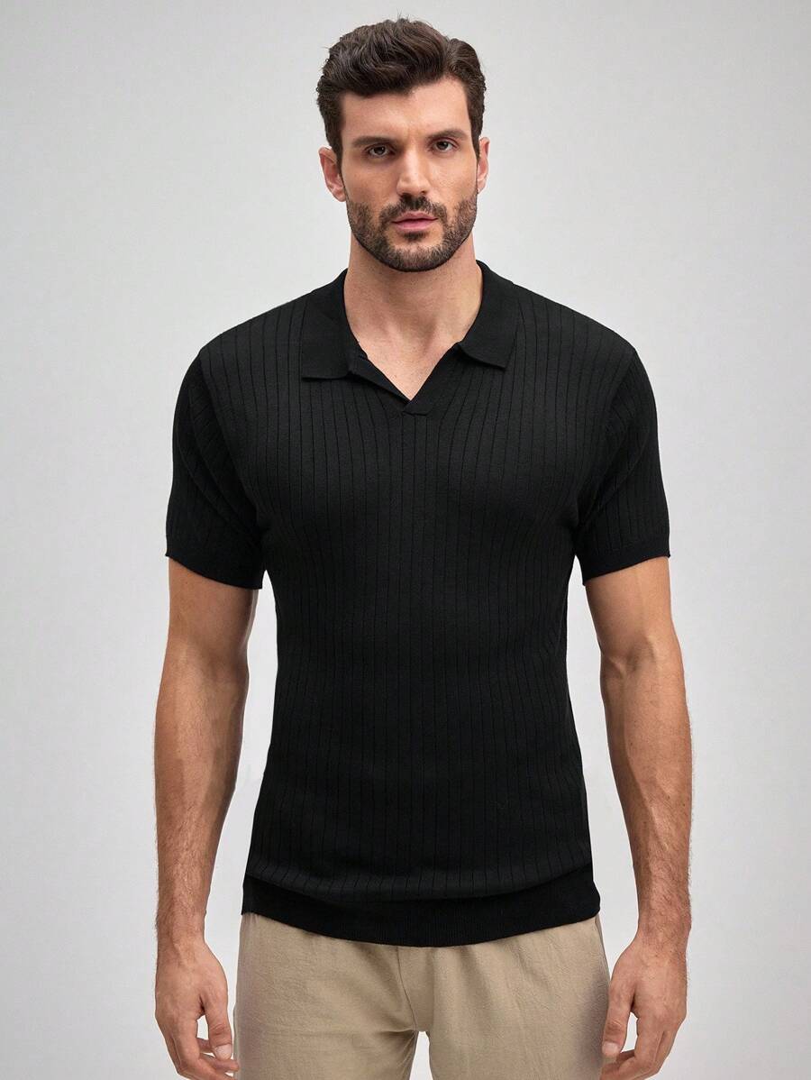 Officeau Polo de punto de manga corta con cuello casual y sólido para hombre, Old Money de primavera a verano - Negro - Ver 1