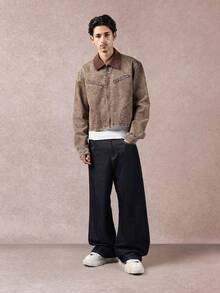 SUMWON Áo khoác denim cổ bẻ màu nâu cổ điển, áo khoác ngoài cổ điển, giặt ủi, phong cách đường phố, thường ngày, thu đông, áo khoác jean miền Tây có khóa kéo phía trước - màu nâu - Xem 3