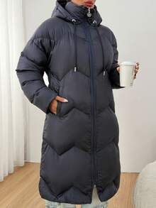 EURMUSE Women Solid Color Pocket And Zipper Detailed Long Winter Coats - Navy Blue - View 6