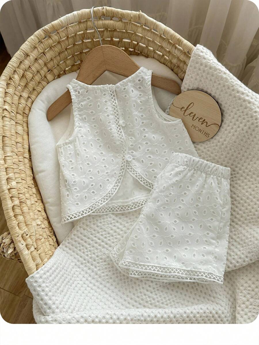 Baby Girl Summer Cute Holiday Embroidered Hollow Out Lace Sleeveless Top With Elastic Waist Shorts Set - White - View 1