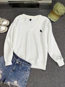 SHEIN EZwear Casual Minimalist Plus Size Women Plus Size V-Neck Loose Sweatshirt, Suitable For Autumn/Winter Back To School Season Outings Fall - White - View 4