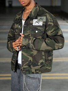 Manfinity EMRG Herr Långärmad College Style Urban Street Fashion Camouflage Loose Jeansjacka, Höst - Armé Grön - Visa 3