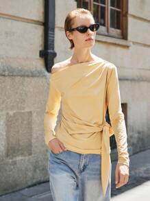 Lumivelle Top Casual com Gola Assimétrica, Manga Longa, Amarração na Cintura e Pregas, Roupas de Primavera para Universidade, Vestuário de Outono para Mulheres