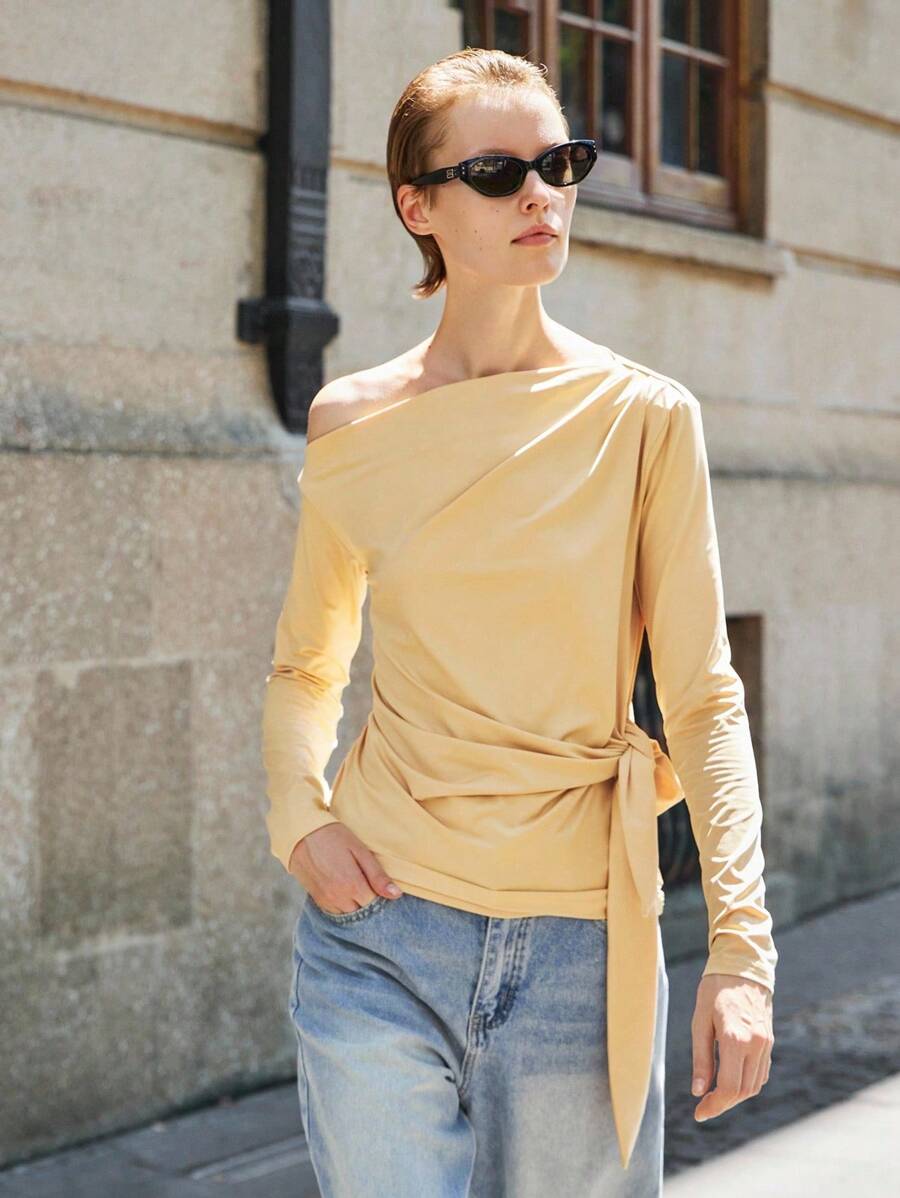 Lumivelle Top Casual com Gola Assimétrica, Manga Longa, Amarração na Cintura e Pregas, Roupas de Primavera para Universidade, Vestuário de Outono para Mulheres