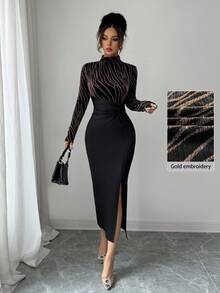 Modelyn Women's Zebra Striped Stand Collar Long Sleeve Side Slit Hem Twist Waist Bodycon Dress With Foil Printing, Elegant Evening Party Dress,Ladies Elegant Split,Split Thigh,Twist Long Sleeve Stand Collar Slim Fit Long Black Regular Sleeve Graphic Bodycon Women Long Dresses,Spring/Fall,Casual Daily Wear Maxi Women Outfit Long Evening Dresses - Multicolor - View 3