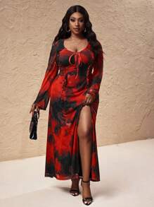 Truni Plus Size Women's Slim Fit High Stretch Long Sleeve Dress, Floral Pattern Printed Mesh Maxi Dress/Autumn /Winter