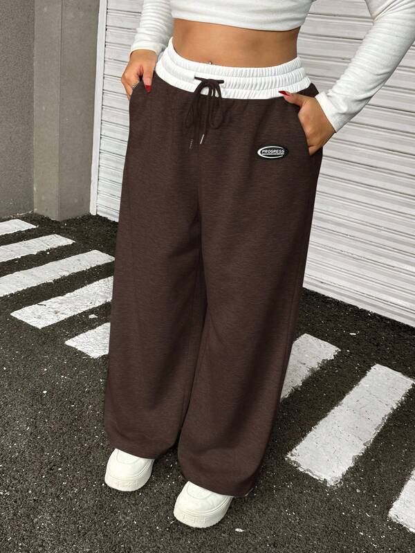 Muchica Plus Size Women's Letter Graphic Drawstring Waist Wide Leg Loose Sweatpants, Brown Wide Leg Sweatpants Loose Pants Knit Pants Comfy Pants,Fall Clothes For Women