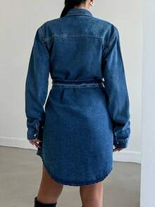EURMUSE Denim Dress With Lapel Collar, Single Breasted Front And Belt Detail - Medium Wash - View 2