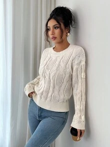 Elenzga 女式复古休闲奢华粗针织 3D 花卉装饰毛衣，秋冬 - 米色 - 查看 6